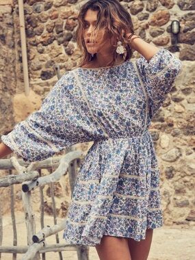 LoveShackFancy RARE Noelle Dress Pink Blue Floral Lace Mini Size Large L